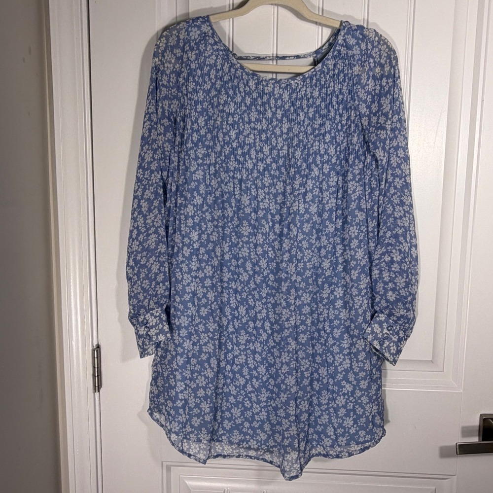Kimchi Blue Floral Long Sleeve Mini Dress Blue White Open Back Pleated Size S